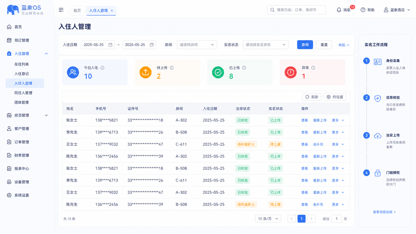 使用别名和掩码数据的蓝象OS入住人管理产品截图